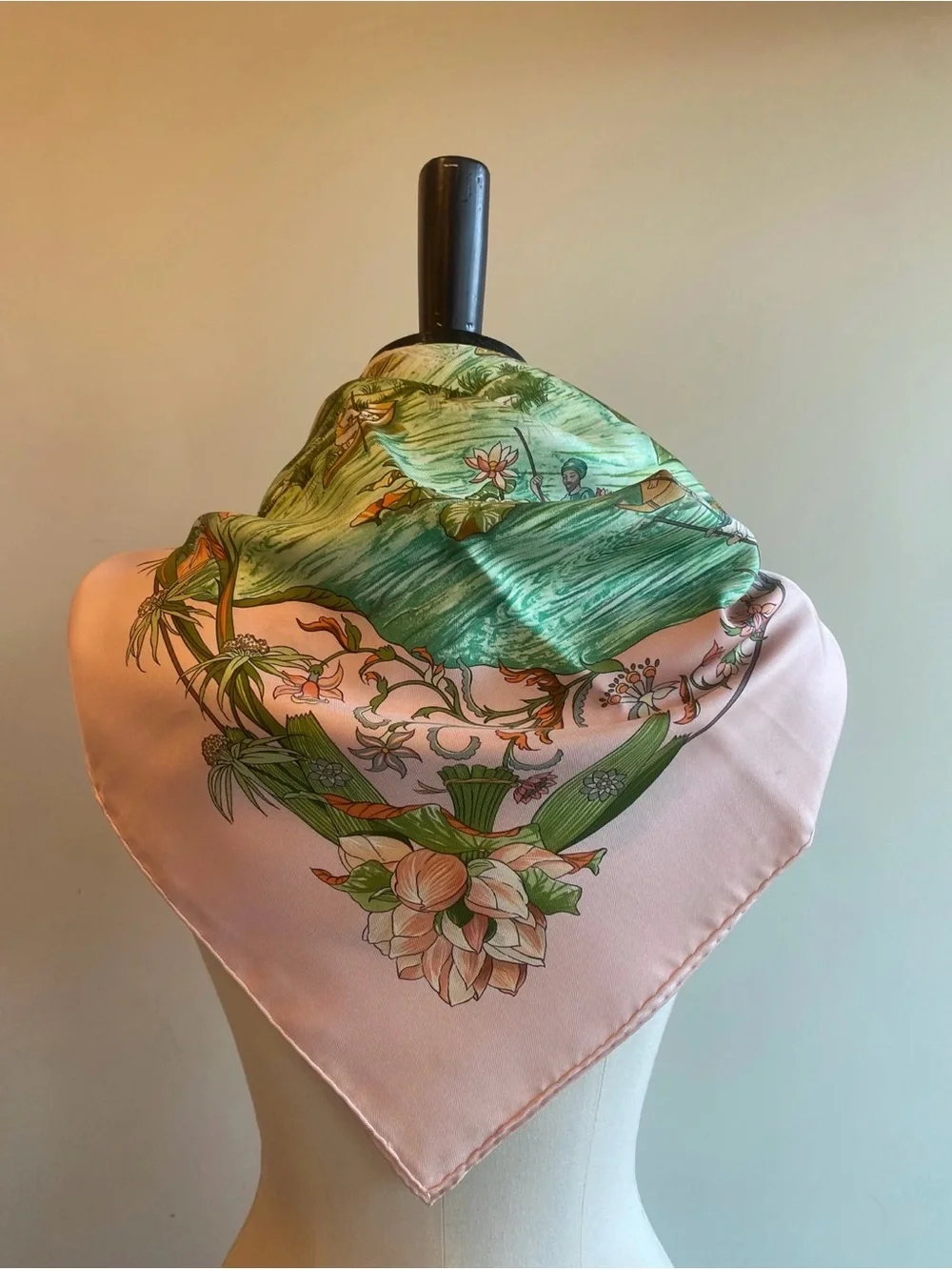 Hermes Pink and Green Silk Scarf with Lotus and River Scene - Picture 9 of 12